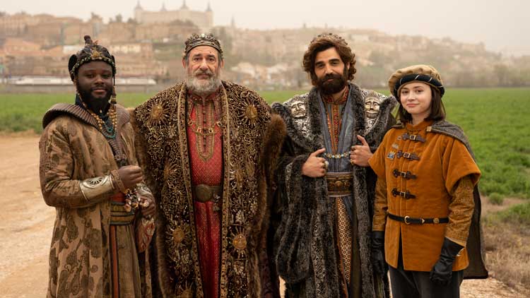 Matías Janick, Karra Elejalde, David Verdaguer e Isa Montalbán en el rodaje de 'Reyes contra Santa'