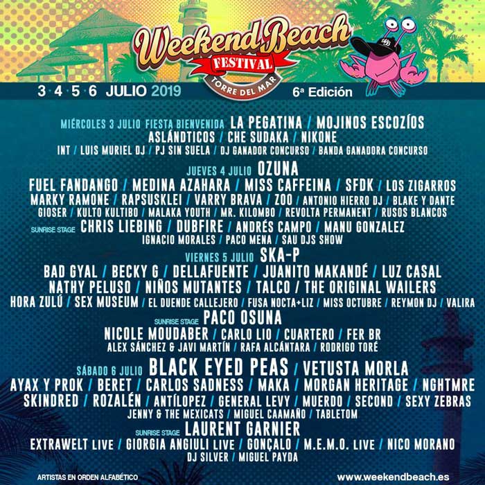 Weekend Beach Festival Cartel por días edición 2019