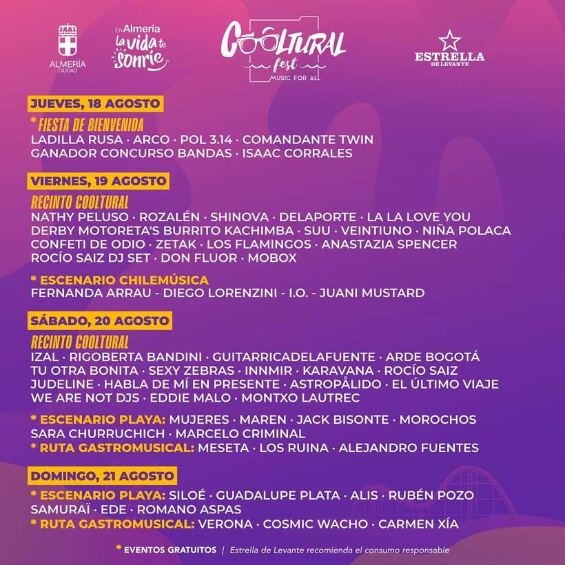 Cooltural Fest Cartel por días edición 2022