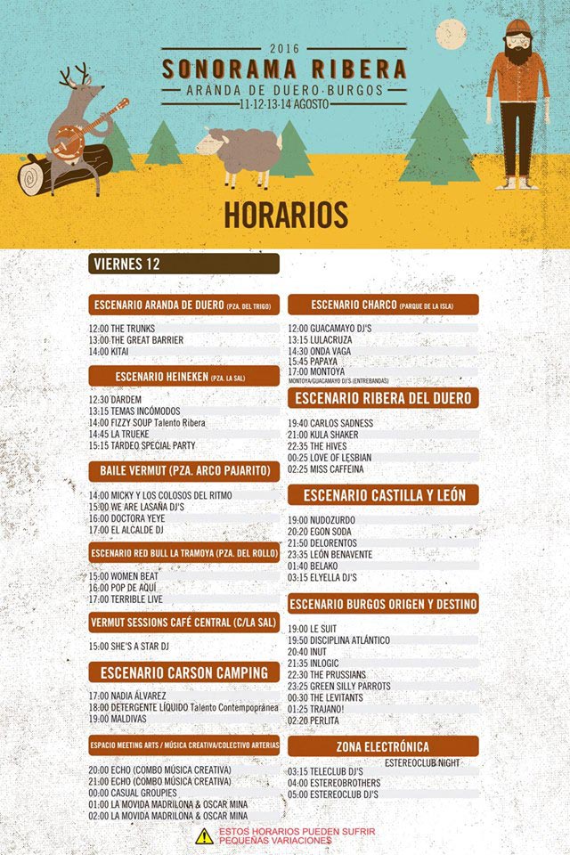 Sonorama Edición 2016, horarios viernes 12 de agosto