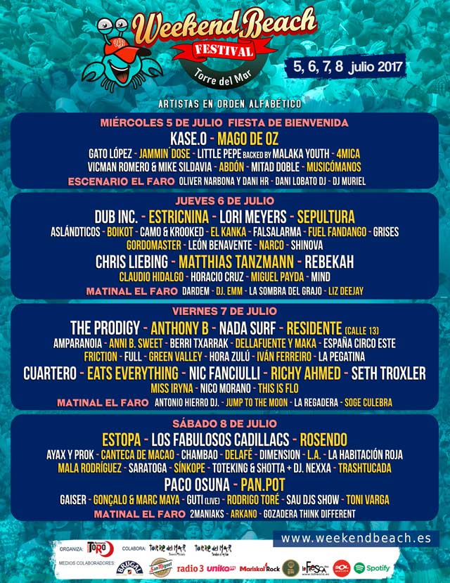 Weekend Beach Festival Cartel por días edición 2017