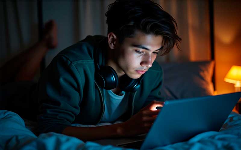 Chico con cascos y portátil