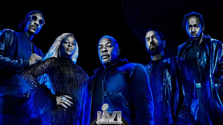 Snoop Dogg, Mary J. Blige, Dr. Dre, Eminem y Kendrick Lamar para la LVI Super Bowl