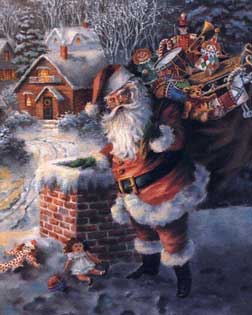 Papa Noel, cargado de regalos junto a la chimenea